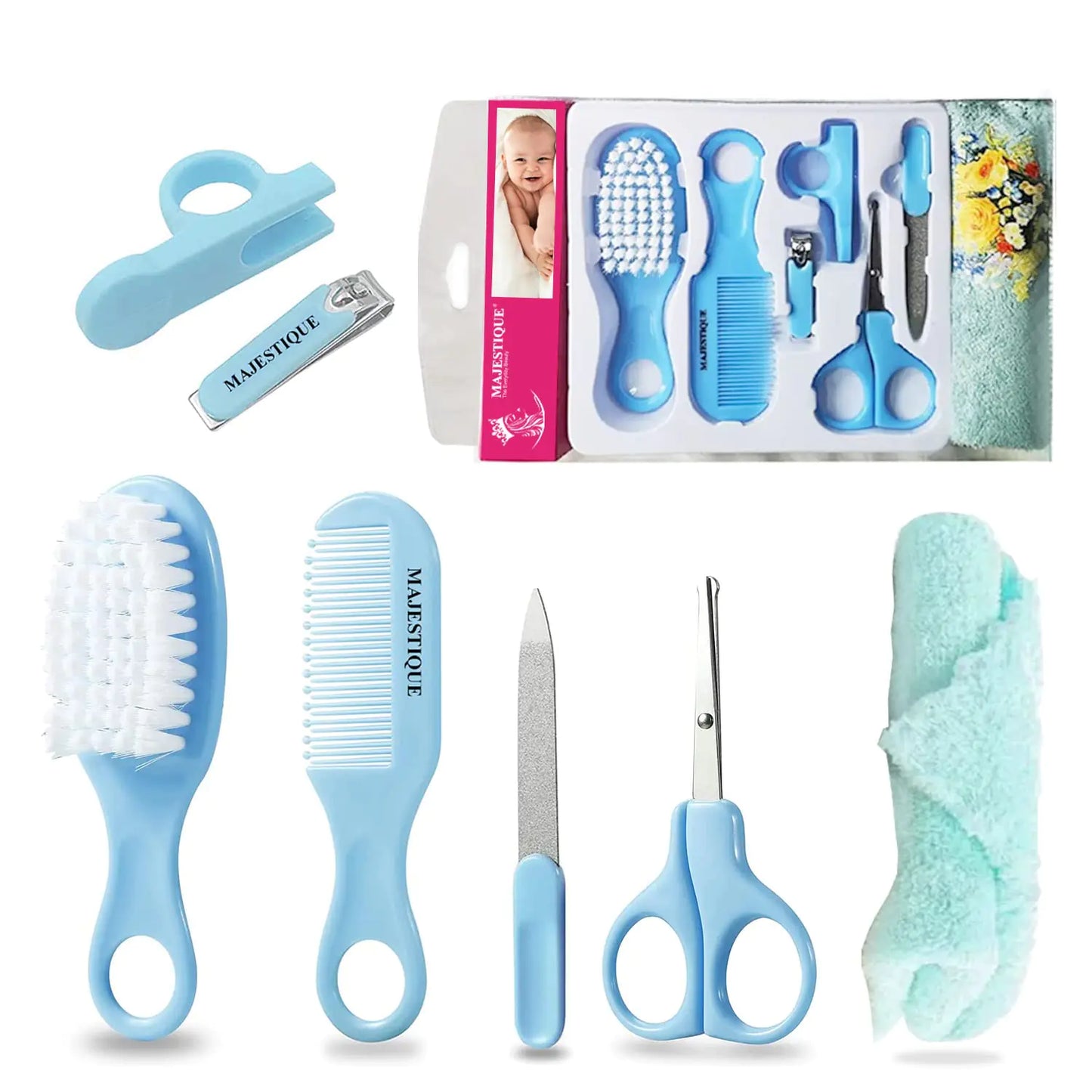 Majestique Baby Grooming Kit and Healthcare 7 in 1 Baby Hair Brush Comb Nail Clipper Nail File and Soft Baby Towel Newborn Nursery Infant Comb Brush Baby Care Products - Blue